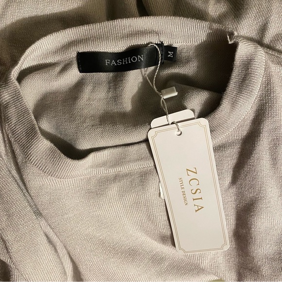 Gray Long Sleeve Sweater Dress Tie Waist Crewneck Knitted - Picture 9 of 9